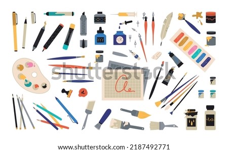Sketchbook tools. Painter accessories collection. Stationery drawing kit. Artistic craft or calligraphy. Ink pen or brush. Isolated paint palette. Paintbrush and pencil. Vector illustration