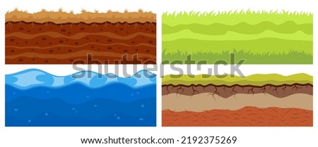 Ground sand, soil, water and grass layers. Desert game surface, type of nature dune gravel landscape, different pieces. Geology underground lands collection. Vector texturebackgrounds Сток-фото © 