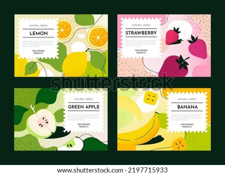 Abstract food package. Orange or pineapple pattern. Soap box or stamp symbol. Bath cosmetic container. Banana and apple. Label templates set. Organic products. Vector design background