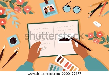 Diary journal. Writing in notebook. School book on table. Hand notes. Arms drawing with pencils and ink pen. Desk top view. Planner with reminders and bookmark. Vector cartoon illustration