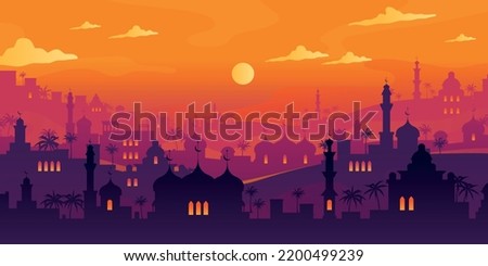 Arabian cityscape. Sunset town scenery. Mosque and house silhouettes. Night city buildings. Old Makkah. Sundown mountains. Arab evening Morocco. Scenic sky. Vector urban panorama card