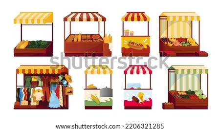 Marketplace street stall. Local market shop with roof canopy. Vendor and hawker selling vegetables. Festival fair. Outdoor kiosk for clothing and accessories. Vector illustration set