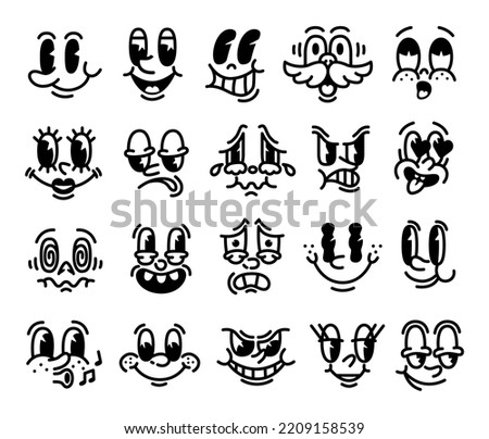 Vintage expression faces. Retro characters. Happy 50s mascot with eyes and mouth. Animation smile. Facial emotions. Disappointed or cheerful caricature emoticons. Vector cartoon cons set