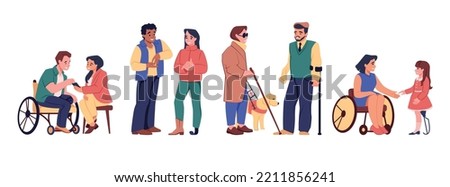 Diverse people. Workers equal. Disabled men and women group. Office characters with wheelchairs and crutches. Handicapped kid. Deaf persons. Blind people with canes. Vector illustration