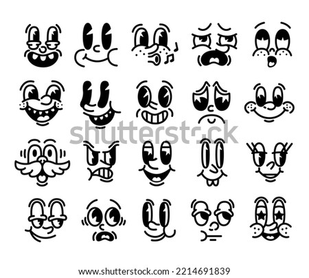 Retro faces. Emotion expression vintage mascot with eyes and mouths. Funny comic characters set. Animation logo collage. Disappointed or cheerful emoticons. Vector cartoon illustration