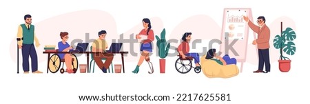 Adult and handicapped people. Diverse wheelchair workers. Arab employees work with laptops. Disabled business guy. Man training presentation. Support team. Vector illustration concept