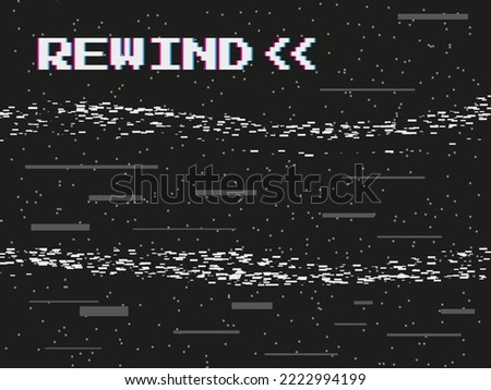 VHS rewind. Glitch video distortion effect. Play noise. Player interface with arrow sign. Television videogame pixels. Grainy black display. Dark abstract background. Vector concept