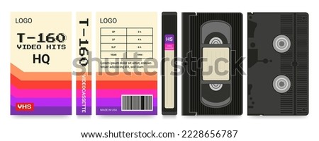 Movie cassette label. Beta box. 1980s old design camera technology. Black layout. Music recorder. VHS packaging design. Magnetic videotape. Retro videocassette. Vector cartoon illustration