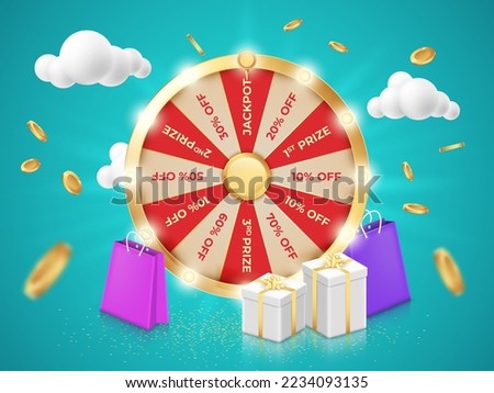 3D wheel spin. Roulette win. Shopping sale raffle. Lucky prize. Rotating circle. Offer or discount. Jackpot of lottery game. Gift boxes. Purchase bags. Gold coins. Vector banner template