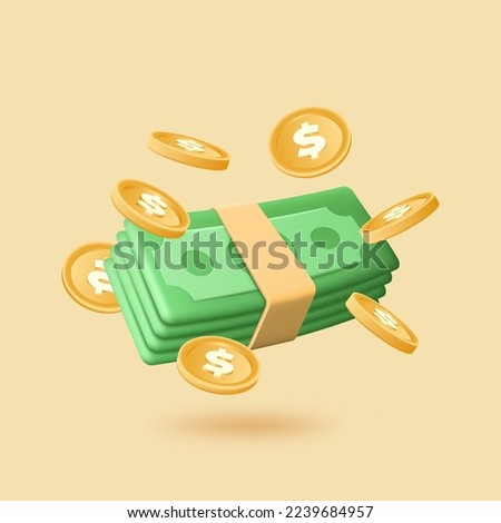 3d money icons, dollars and colden coins, 3d elements. Flying cash. Payment by stack of coins, economy sign, financial market objects. Profit and lottery win. Vector realistic render concept