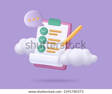 3D document. Write with pencil. Survey checkmarks. Questionnaire page. Paper checklist. Poll form render. Marks on check list. Clipboard sheets and clouds. Vector illustration concept