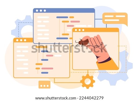 Computer code. Programmers hand holding bug. Malware problem. Digital debug coding. Antivirus system of program security. Testing software. Web data safety. Vector illustration concept