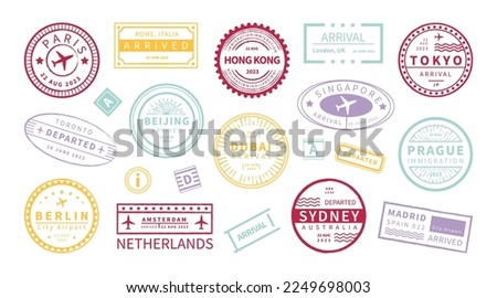 Passport travel stamp. Vintage Visa signs. Vacation in Paris or Amsterdam. Country airports seals. Dubai and London airplane journey. Arrival in Tokyo badge. Vector illustration set