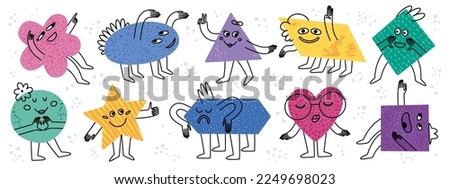 Abstract shape characters, funny faces. Doodle style geometric circle, hexagon and square education emotions. Heart and star emoji with hand and leg. Vector cartoon illustration