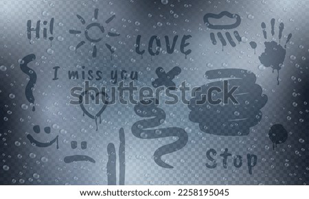 Blurred wiped mirror. Misted glass with lettering. Clean rain. Fresh steam in bathroom. Wet surface. Nature vapor. Aqua condensation. Love heart. Palm print. Vector realistic illustration