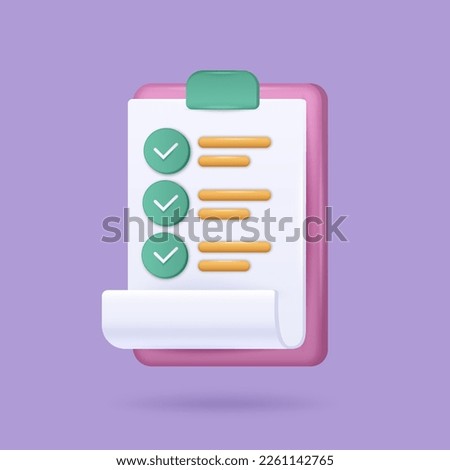 3d check list icon, survey form. Document report, checklist note, clipboard with tasks. Paper page with information, digital pictogram for web application. Notebook sign. Vector illustration