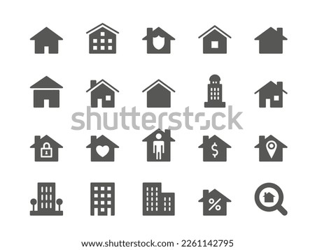 Home icons. House shape logo. Residential building. Entrance of hotel. Cottage or patria casa. Nido housing silhouettes. Real estate. Mortgage percent. Location pin. Vector symbols set