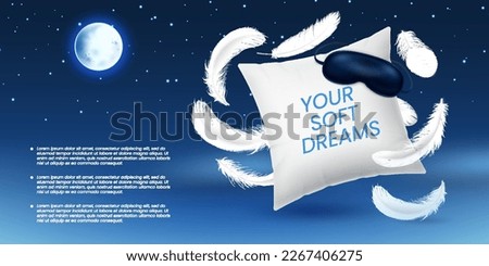 3D sleep pillow. Comfort bed. Dream with feather and mask. Soft night cushion. Realistic cotton product for bedroom. Sky stars and moon. Nighttime relaxation. Vector design concept