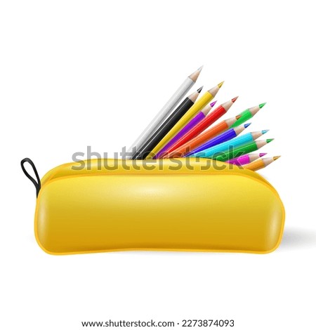 3d coloring pencils, school case. Bright comic box, office work or education tools, creativity equipment. Children stationery for writing and drawing. Isolated composition vector illustration