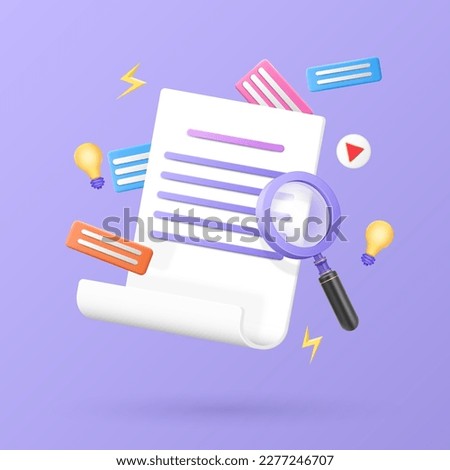Research application elements. Finding information with magnifying glass. Online library. Paper document study. 3D internet doc signs. Business marketing database. Vector content render