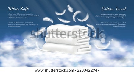 Cotton towels, realistic white cloth. Soft bathroom textile pile or stack, flying feathers and clouds, hotel fabric freshness. Product presentation or banner, spa or laundry vector 3d design