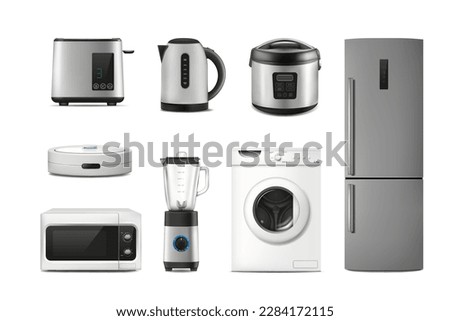 Electric home appliances. Realistic gadgets. Household machines. Fridge and kettle. Toaster and microwave. Kitchen multicooker. Washer or robot vacuum cleaner. Vector house equipment set