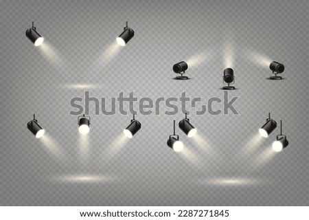 Spotlights set, stage and studio light, realistic hanging and standing lamps. Spot lights and searchlights for concert, projector bright rays, transparent 3d isolated element vector design