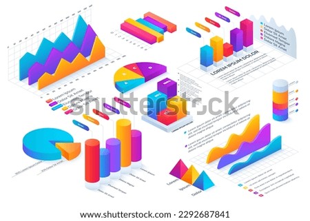 Isometric infographic. 3D graph chart. Data circle or line visualization. Graphic number analysis. Steps on business timeline. Finance diagram presentation. Vector statistics elements set