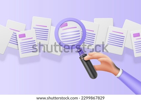 Magnified glass, many papers, hand hold optical tool. Employer looking for contract, cv search or review, information. Business concept. Vector cartoon 3d render illustration