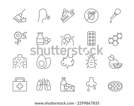 Allergic icons. Medical outline symbols. Animal fur and dust allergy. Insects bites. Sickness rash skin. Rhinitis symptom. Sneeze or itching from flowers pollen. Vector line pictograms set