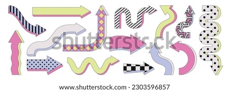Arrows flat set. Abstract arrow with simple patterns. Memphis design, colorful cartoon trendy sign for banner, presentation or infographic. Direction icons, route pointers vector outline icons