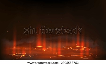 Ground crack. Volcano lava. Broken cave with hell light. Magma backdrop. Black land and fracture hole. Red burn in rock. Glow hot fissures. Volcanic terrain surface. Vector background