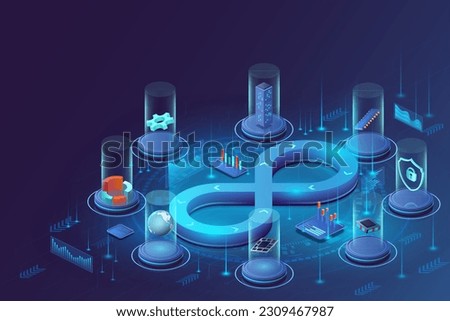 Isometric DevOps. AI technology. 3D infinity icon. API product developer. Data release in cloud. Programming test. Development process. Internet connection. Vector abstract background