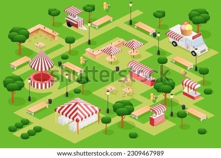 Marketplace map. Isometric food fair. 3D line market or shop town. Outdoor cafe court. Park area. Fastfood kiosks. Ice cream van. Bench and table with umbrella. Vector illustration