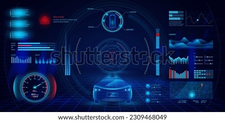 Smart car dashboard. Autonomous digital interface. Futuristic HUD wireframe. AI scan screen. GPS or speedometer. Automobile viewfinder. Infographic panels. Vector UI hologram design