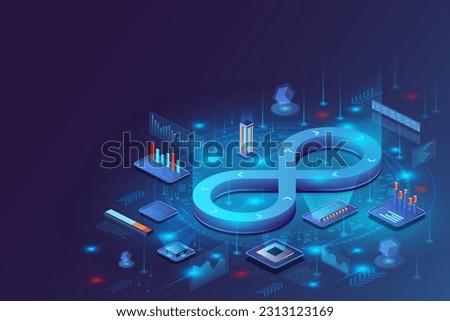 3D DevOps. Development service. Continuous icon. Delivery of software app. Cycle cloud of process. Digital connection. Agile technology. Data infographic. Vector isometric background