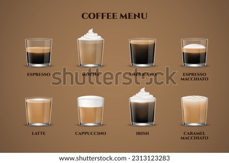 Coffee menu. Espresso in transparent glass cup, cappuccino and latte shot, americano, aroma mocha with ice milk. Cafe or restaurant foam cold and hot drinks. Vector realistic isolated 3d set