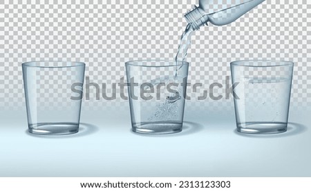 Glass cup realistic, pure water. 3d drink bottle with pouring jet in dynamic motion, empty and full, transparent and clear liquid, purified or mineral cold aqua. Vector isolated illustration