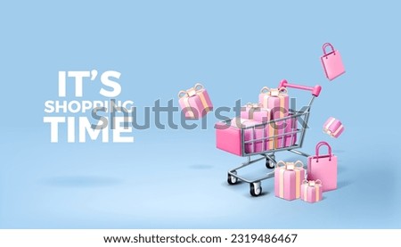 3D shop. Shopping cart. Trolley with holiday present pink boxes. Ecommerce gift bag. Retail or sale render. Online market app concept. Buying purchases. Vector realistic illustration