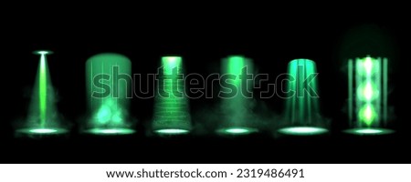 Ufo light beam. Alien spaceship, green sky dramatic effect, hover and magic bright spotlight technology, futuristic paranormal Sci-fi galaxy ray effect on black. Vector isolated background