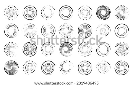 Circle halftone set. Dot pattern. Half tone round logo isolated graphic elements, abstract texture icon, round frame, shadow gradient effects, ring bubble, geometric vector design effect