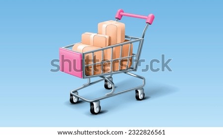 3D shop cart. Shopping trolley. Online ecommerce. Render basket for market or supermarket. Buying purchases. Present and order boxes delivery. Shoppers pushcart. Vector realistic store icon