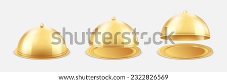 Gold tray. Empty cloche. 3D restaurant food bell. Golden meal dish with glossy dome. Open plate for lunch. Closed luxury platter. Isolated tableware. Vector realistic serving elements set