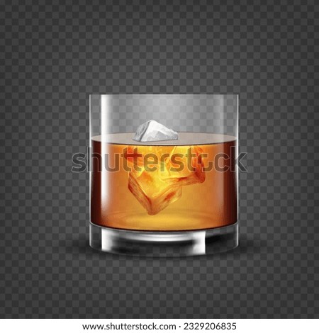 Whiskey glass. Bourbon with ice cubes. Whisky classic serving. Transparent glassware. Scotch amber drink in bar. Liquid wine splash. 3D alcohol beverage. Vector realistic illustration