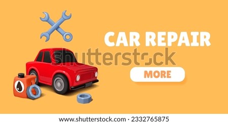 Car repair. 3D mechanic fix tools. Automobile garage service render. Vehicle diagnosis. Auto workshop. Key wrench. Oil canister. Wheel change. Vector illustration icons web banner design