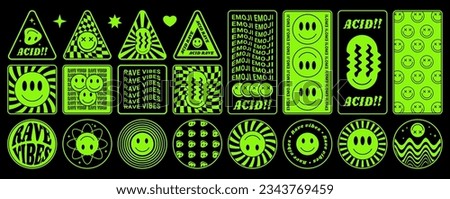 Y2k smiles. Psychedelic stickers. Trippy acid face and cool melt graphic. Happy 90s geometric bright shapes. Alien emoji. Neon green crazy emoticons. Rave vibes. Vector elements set