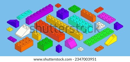 Lego blocks. Isometric brick build. Plastic play pattern. Colorful development toy. Color cube. Construct part. Geometric shapes. Isolated square and rectangle elements. Vector concept