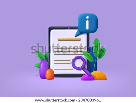3D guide. Information notification. User instruction. Info or manual. Web mobile icons. Render guidebook. Attention bubble and magnifier. Digital tablet. Guidance document. Vector concept