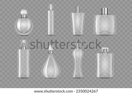 Fragrance bottle. 3d perfume glass different forms, transparent with metal lid and dispenser, cosmetic flask, empty spray container. Blank glamour packaging. Vector realistic mockup set