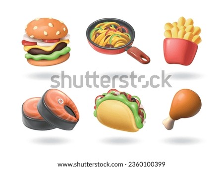 3D food. Pizza icon. Pasta preparing in pan. Chicken and fried potato. Hamburger or meat burger. Fast restaurant eat menu. Fish cooking. Shawarma and burrito. Vector render objects set